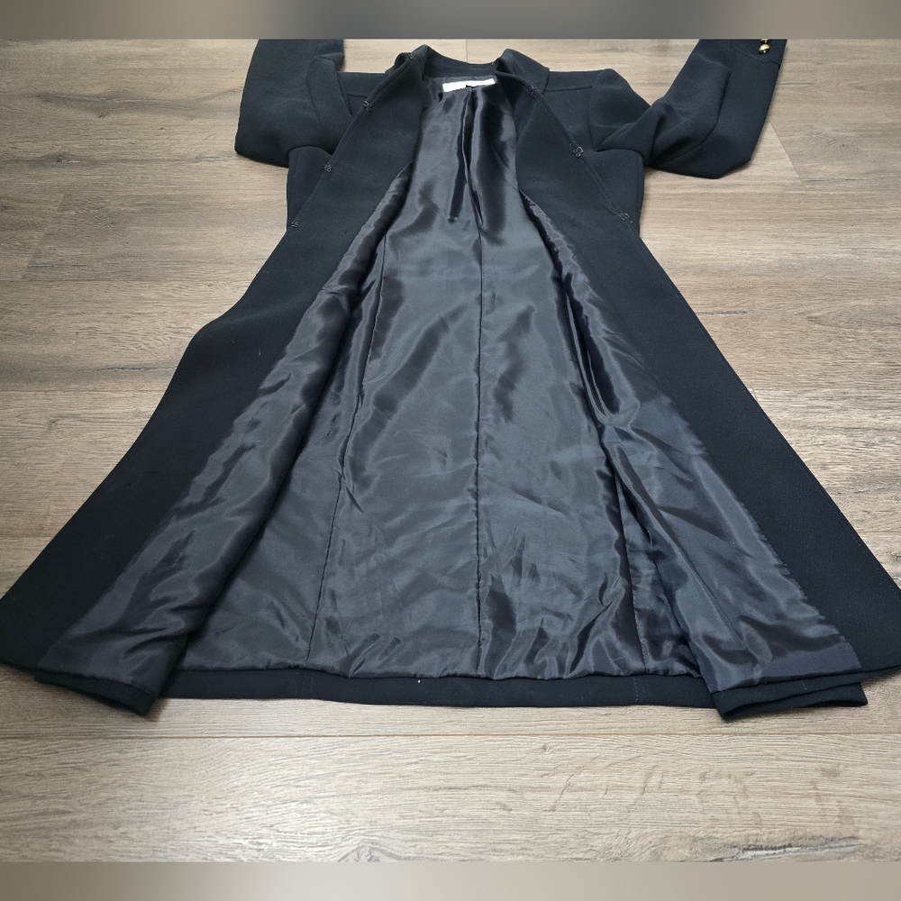 Tahari Black Trench Coat Gold Buttons Military Old Money Preppy Nautical - Picture 5 of 11
